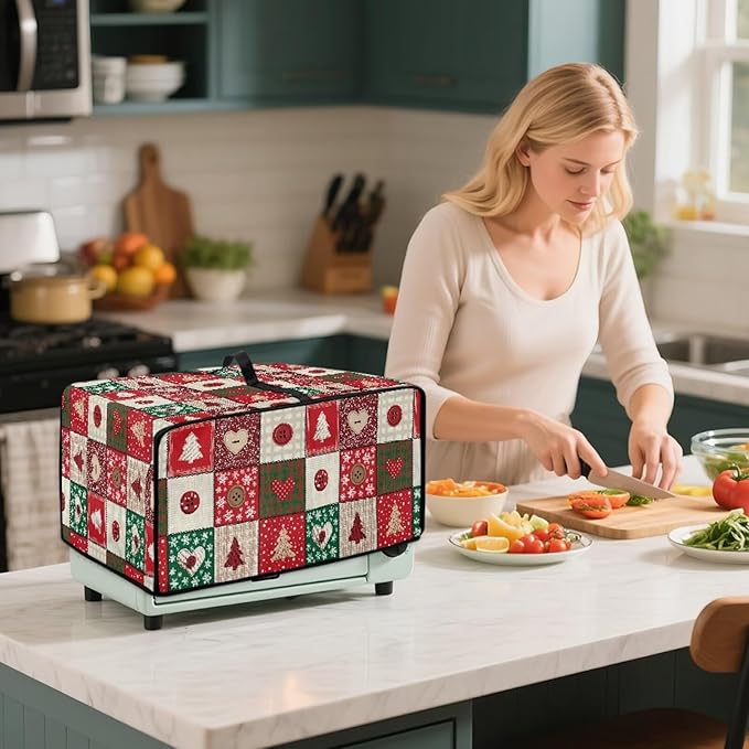 Christmas Holiday Decor Toaster Oven Cover Countertop Convection Oven Cover Smart Microwave Oven Accessories and Decor, M, 16.5 x 20.5 x 10 Inches, Christmas Patchwork Print Red Green