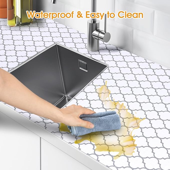 Shelf and Drawer Liner for Kitchen Cabinets Non-Adhesive, Strong Grip Non-Slip Thickened Cabinet Liners for Shelves, Waterproof Mats for Dresser Cupboard, White/Gray, 12 in x 10 Feet