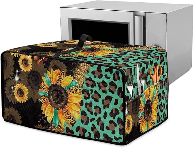 Toaster Oven Protective Cover with Side Pockets, Dustproof Smart Microwave Oven Protector for Kitchen Countertop, S, 14.5 x 18.5 x 9 Inches, Sunflower Leopard Print