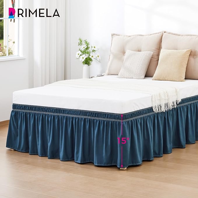 RIMELA Dusty Navy Bed Skirt King Size 15 Inch Drop, Wrap Around Elastic Bedskirt, Dust Ruffle for Adjustable Bed Base Machine Washable Easy to Install Bed Skirts