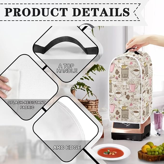 Talayituse Coffee Print Blender Dust Cover with Handle, Stand Mixer or Coffee Maker Appliance Cover Anti Fingerprint Dust Proof Stain Resistant Blender Cover for Home Kitchen
