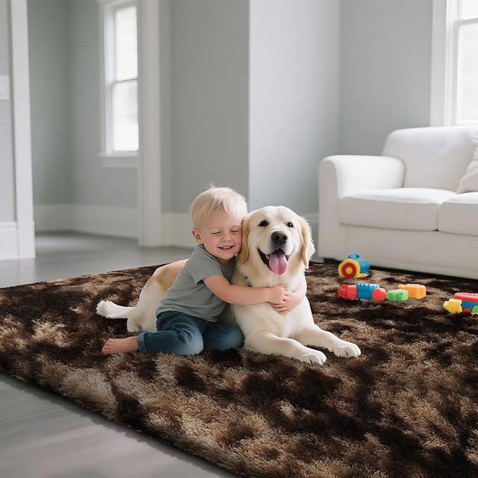 Fluffy Rug Shaggy Area Rug, Mottling Brown 5x8 Area Rugs for Bedroom, Small Bedside Rug, Soft Fluffy Shaggy Entryway Throw Rugs for Living Room Bedroom Kids Room Home Decor