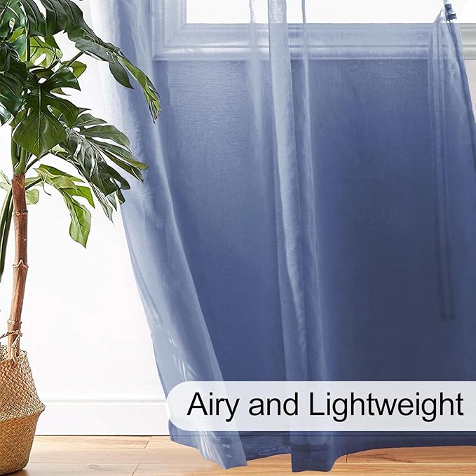 XWZO Sheer Curtains for Bedroom, Grommet Semi Transparent Faux Linen Window Curtains & Drapes for Living Room, Children's Room with Tiebacks, Dusty Blue, W52 x L90, Set of 2 Drape Panels