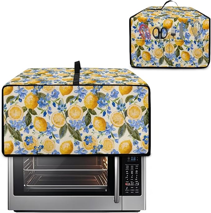 Waterproof Dust-Proof Microwave Oven Grill Cover Protector Lemon Floral Leaf Print Polyester-Linen Fabric Dust Cover with Storage Bags Case Protections for Microwave Oven, S