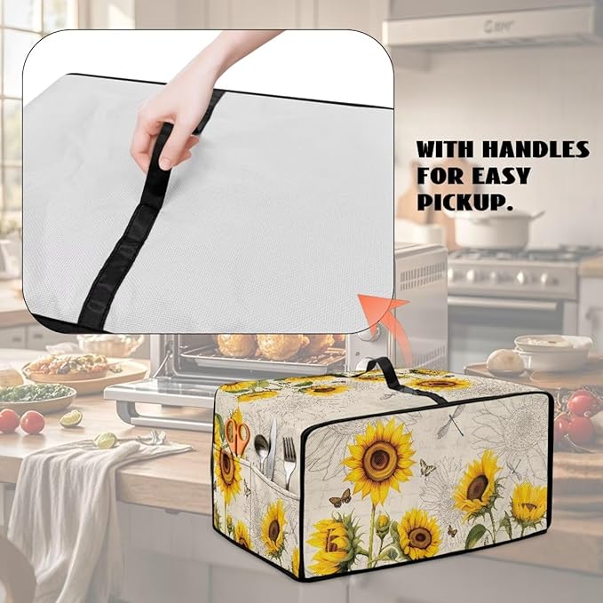 Microwave Oven Dust Cover Waterproof Toaster Oven Cover with Top Handle Dust-Proof Kitchen Appliance Protector Dirt and Fingerprint Protection, Sunflower Dragonfly Butterfly Letter Print, M