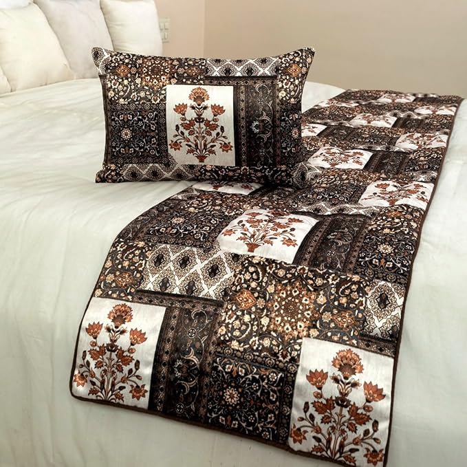 The HomeCentric King/Queen/Twin Brown Decorative King 90"x18" Bed Runner with Pillow Cover Quilted Bed Scarf on Satin Fabric - Parisa