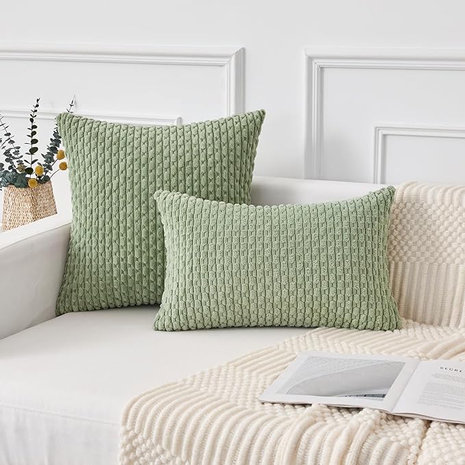 Kevin Textile 14x24 Inch Pillow Cover 1 Pack Boho Decorative Soft Striped Corduroy Lumbar Farmhouse Solid Color Accent Rectangle Cushion Case for Living Room Couch Sofa Bed, Sage Green