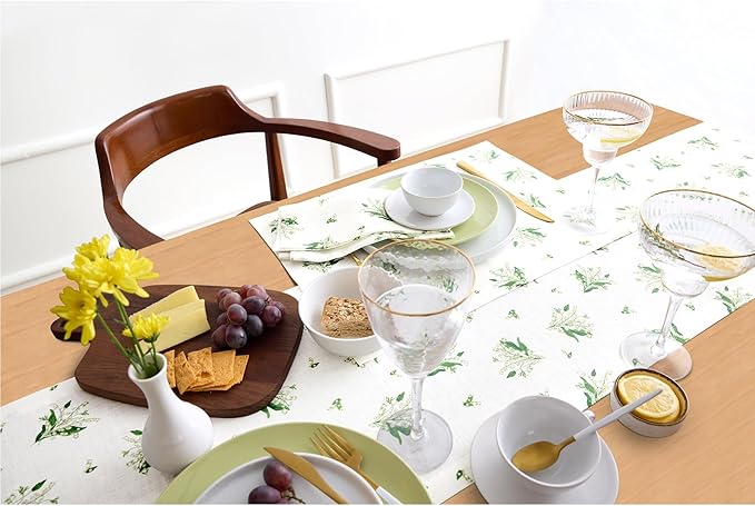 Solino Home Lily Floral Print Table Runner 48 inch - 100% Pure Linen Table Runner 14 x 48 Inch - Machine Washable - Lily of The Valley/White Print