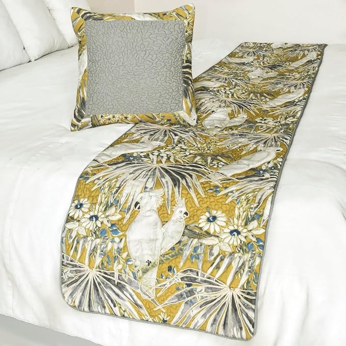 The HomeCentric King/Queen/Twin Grey & Yellow Decorative Twin 53"x18" Bed Runner Without Pillow Cover, Cockatoo Bird & Quilted Bed Scarf on Cotton Fabric - Cockatoo Love