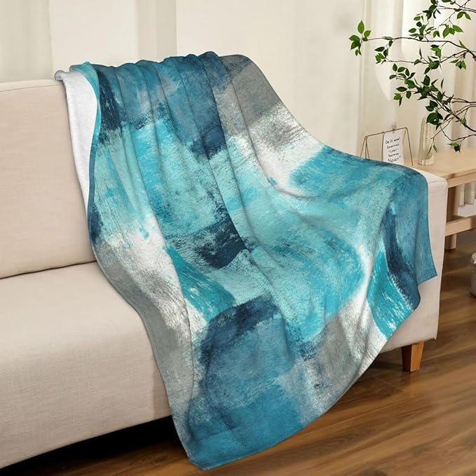 LOKMU Throw Blanket, Teal and Grey Abstract Art Ultra-Soft Cozy Flannel Blankets, Fuzzy Plush Lightweight Modern Blanket for Couch Sofa Bedding Home Decor, 80" L x 60" W