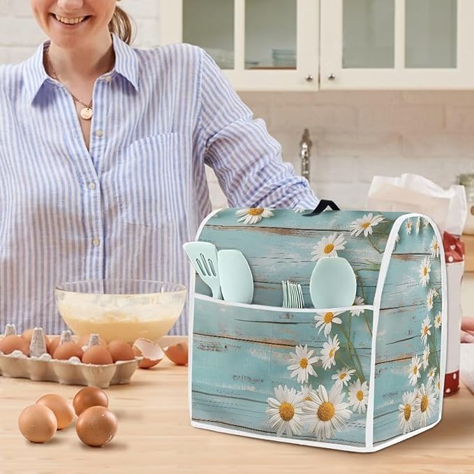 Daisy Stand Mixer Cover Teal Wood Kitchen Appliance Cover for 4.5-5 Quart Mixers Washable Food Processor Protective Covers Kitchen Mixers Accessories