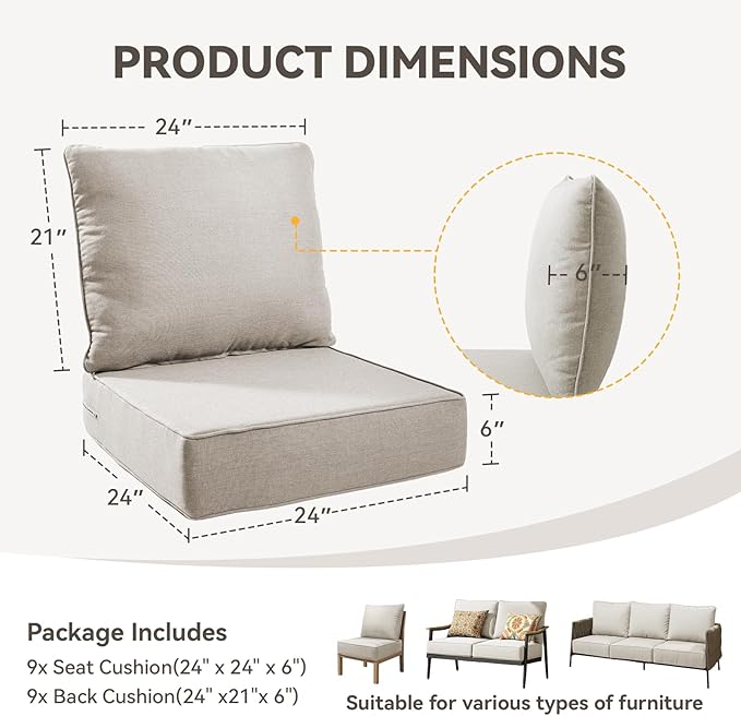 Outdoor Cushion Set for Furniture Patio Furniture, UV Resistant, Water Resistant - 6 Inch Thick Foam Garden Cushions– 24x24 Inch Patio Seat Covers for Chair/Sofa/Couch | Beige | 9-Pack |