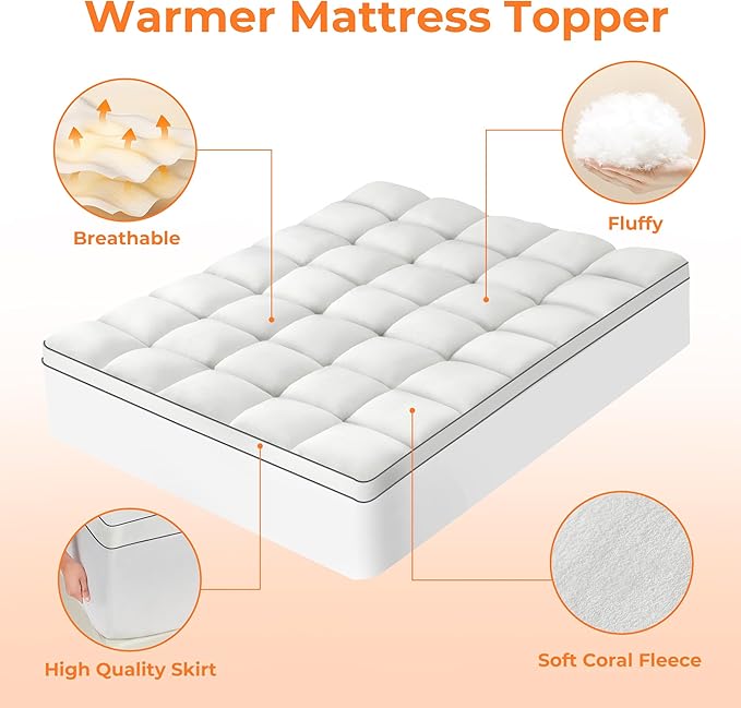 Ultra Soft Coral Fleece Full Size Mattress Topper, No Compression Plush Thick Pillow Top Mattress Pad with Deep Pocket, Winter Warm Cozy Bed Topper Cover for Back Pain Relief