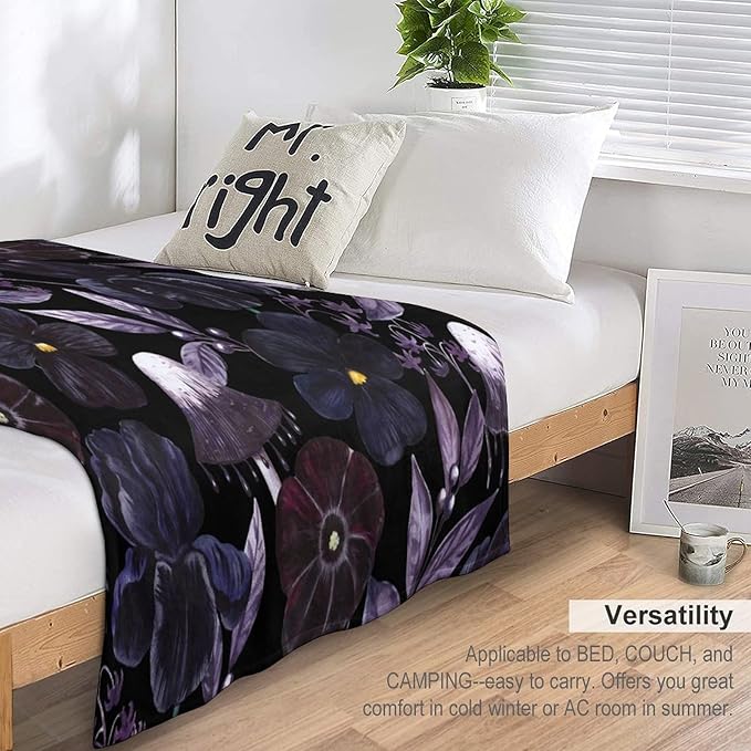 Gothic Floral Blanket, Vintage Abstract Black Purple Peony Flowers Mushroom Print Throw Blanket for Room Bedding Couch Decor Soft Lightweight Warm Cozy, 50"x60"