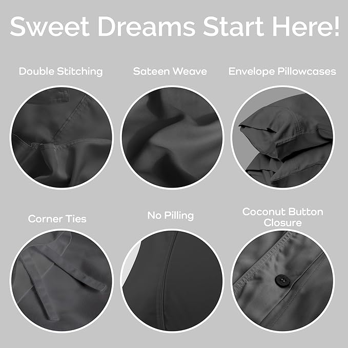 Duvet Cover Set - 100% Viscose Derived from Bamboo Duvet Cover Queen Size, 3 PC Luxury Cooling Duvet Cover for Hot Sleepers, Buttery Soft Comforter Cover & 2 PC Queen Pillowcases, Charcoal
