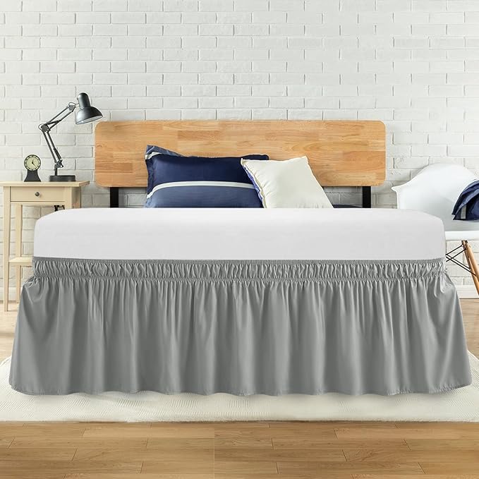 Twin Bed Skirt, Elastic Wrap Around Bed Skirt Twin Size, Bed Skirts for Adjustable Bed, Easy Fit with 14" Drop Length Tailored Drop Dust Ruffle (Drey)