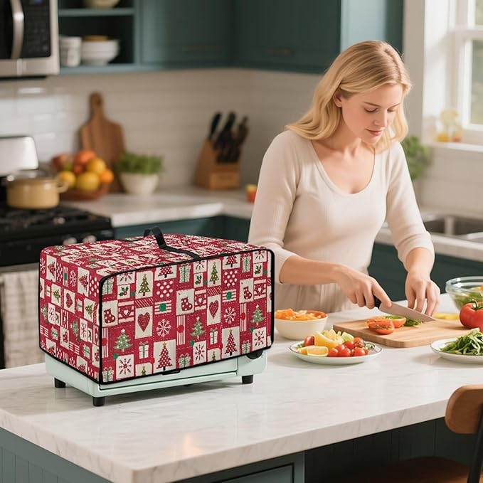 Christmas Decor Air Fryer Toaster Oven Dust Cover Washable Convection Oven Cover Stylish Kitchen Appliance Protector Decorations Countertop Accessories, M, Christmas Patchwork Print
