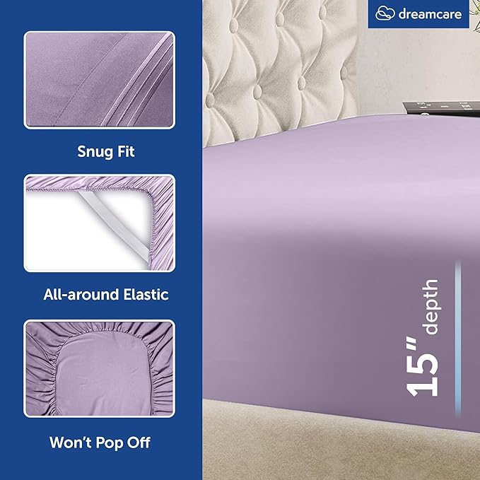 DREAMCARE King Size Sheets Set - Cooling Bed Sheets - 4pcs Set - up to 15" Deep Pocket King Sheet Set – Soft & Long Lasting Cooling - 100% Fine Brushed Microfiber with Side Pocket - Lavender