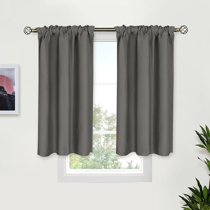 BGment Short Blackout Curtains 40 Inches Length for Bedroom - Rod Pocket Thermal Insulated Room Darkening Window Curtain for Kitchen Cafe, 34 x 40 Inch, 2 Panels, Grey