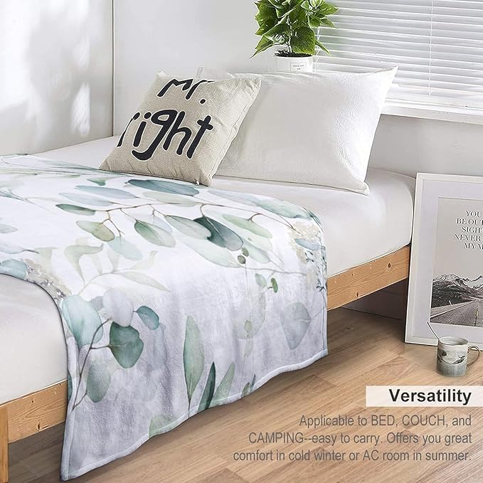 Eucalyptus Leaf Throw Blanket, Watercolor Floral Spring Botanical Green Plants Herb Print Cozy Plush Blanket for Bedroom Living Rooms Sofa Couch, 40"x50"