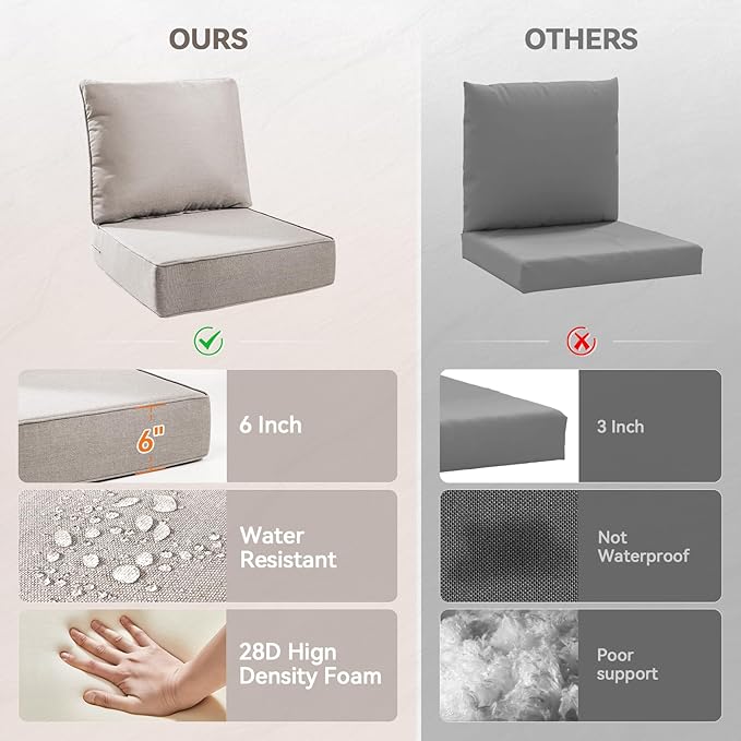 Luxury 6" Outdoor Cushions for Patio Furniture, 24x24x6" Thick Seat Cushion Set of 9, Fade Resistant Couch Chair Replacement Cushions High Density Deep Wicker Chair Cushion w/ Removable Cover, Beige