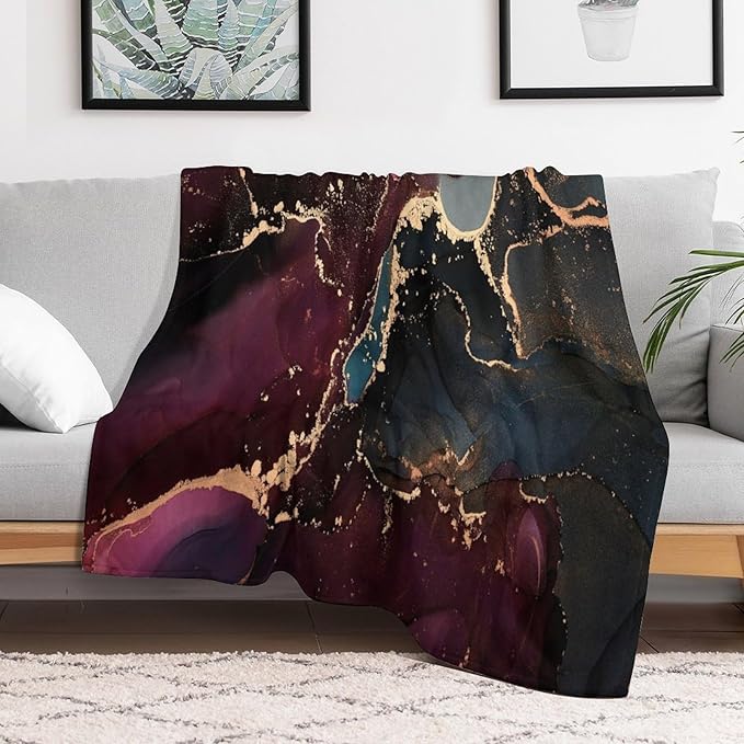 Modern Marble Blanket, Abstract Luxury Baroque Golden Purple Blue Stone Veins Pattern Soft Warm Cozy Plush Flannel Covers for Livingroom Bedroom Couch Chair Camping Travel Home Decor Tapestry 50x60in