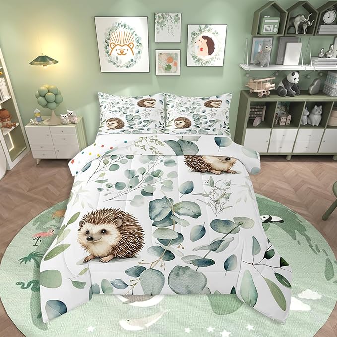 Erosebridal Cute Hedgehog Full Bedding Sets for Kids Child Green Eucalyptus Comforter Set, Woodland Animal Bedding Comforter Sets Botanical Plant Leaves Duvet Insert, Cartoon Wildlife Down Comforter
