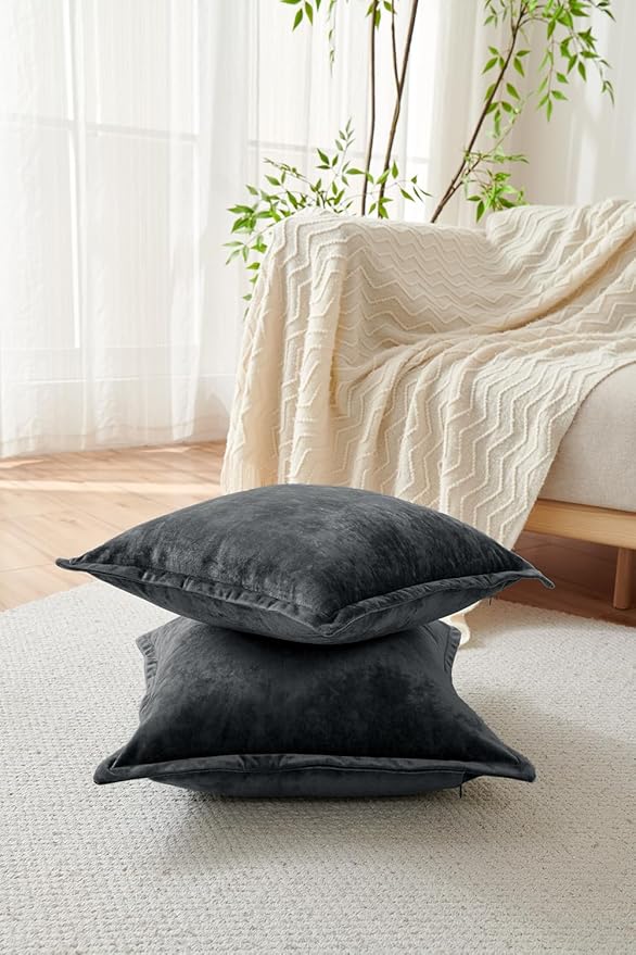 Luxurious Velvet Throw Pillow Covers 20x20 Set of 2 Decorative Pillow Covers Solid Square Cushion Case for Sofa Couch Bedroom Farmhouse, Black
