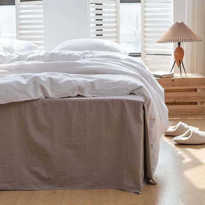 BISELINA French Linen Bed Skirt with Pleated Corner 22-Inch Tailored Drop Natural Flax Cotton Blend Basic Dust Ruffle Soft Cozy Farmhouse Bedding (22" Queen, Basic Grey)