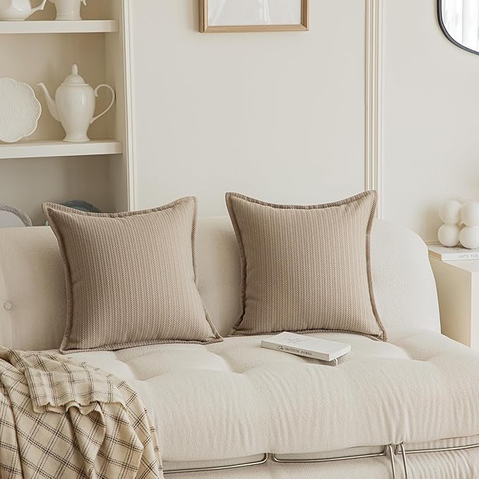 Set of 2 Herringbone Embossed Stripe Flange Throw Pillow Covers for Couch and Bed - 18"x18", Khaki-Green