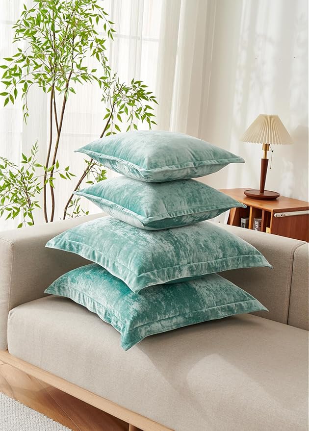 Luxurious Velvet Throw Pillow Covers 20x20 Set of 2 Decorative Pillow Covers Solid Square Cushion Case for Sofa Couch Bedroom Farmhouse, Aqua Green