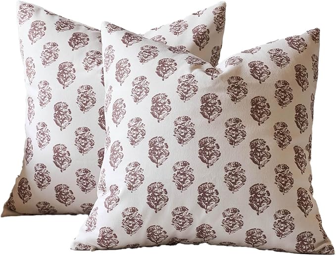 DOMVITUS Set of 2 Floral Pillow Covers 18x18, Block Print Pillow Covers Vintage Neutral Decorative Farmhouse Throw Pillow Covers for Couch Bed Living Room Brown