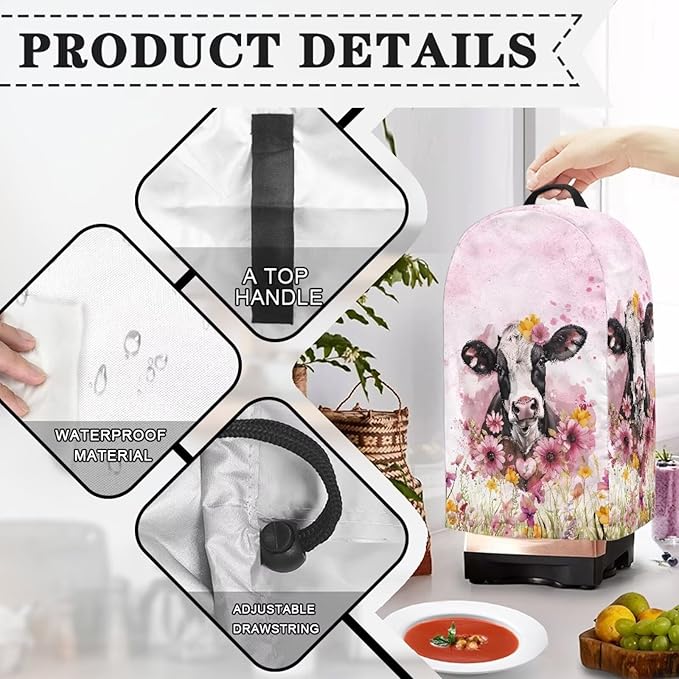 Kitchen Countertop Blender Cover with Drawstring Small Appliance Dust Protection 9.4”Lx7.2”Wx15.9”H Kitchen Blender Cover for Home Kitchen Decor Purple Flower Cow Print