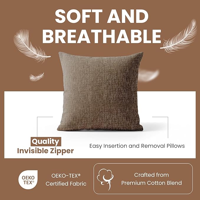 Haven & Glow Decorative Throw Pillow Cover – Square Cushion Case with Zipper | Modern Sofa, Couch & Bed Accent Pillow Covers for Living Room, Bedroom & Home Decor | 18 x 18 inches – Silver Brown – 2Pc