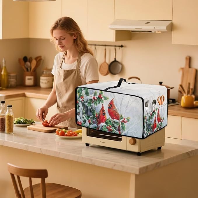 Christmas Microwave Oven Cover Air Fryer Toaster Oven Dust Cover with Accessory Pockets, Stain-resistant Small Electric Appliance Protector for Kitchen, M, Red Cardinal Bird Holly White