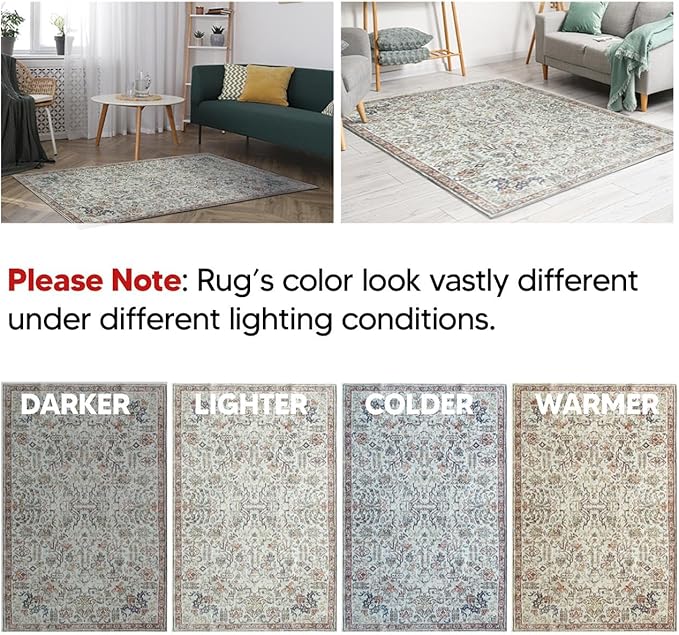 Keen Home Design 6x9 Rug - Machine Washable Area Rug with Non-Slip Backing, Ideal for Living Room, Dining Room, Bedroom - Vintage, Easy Clean, Durable, Low Pile Rug - (6' x 9')