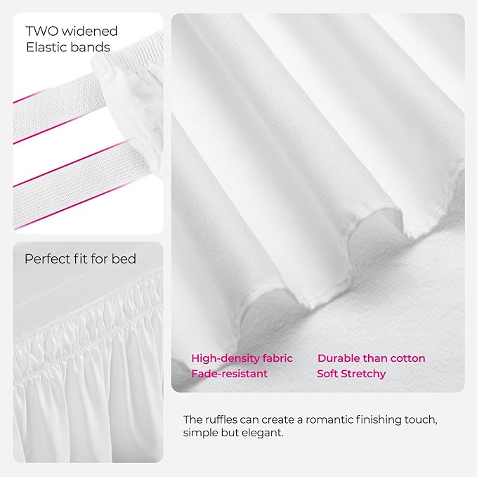 RIMELA Dorm Bed Skirt Twin XL 32 Inch Drop, Easy to Install Extra Long Wrap Around Elastic Dust Ruffle, White Bedskirt Solid Silky Fabric Machine Washable, Bedroom Decor