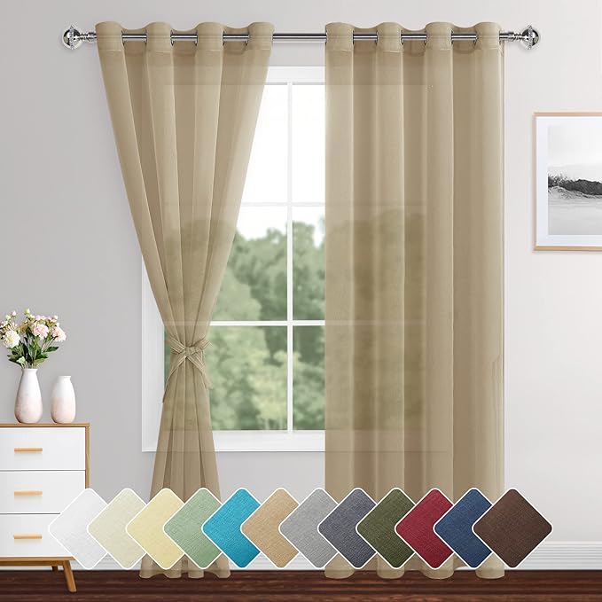 XWZO Camel Sheer Curtains for Living Room Bedroom - Faux Linen Look Voile See Through Drapes Grommet Top Window Curtain Panel, 52 x 90 Inches Long, Set of 2 Panels