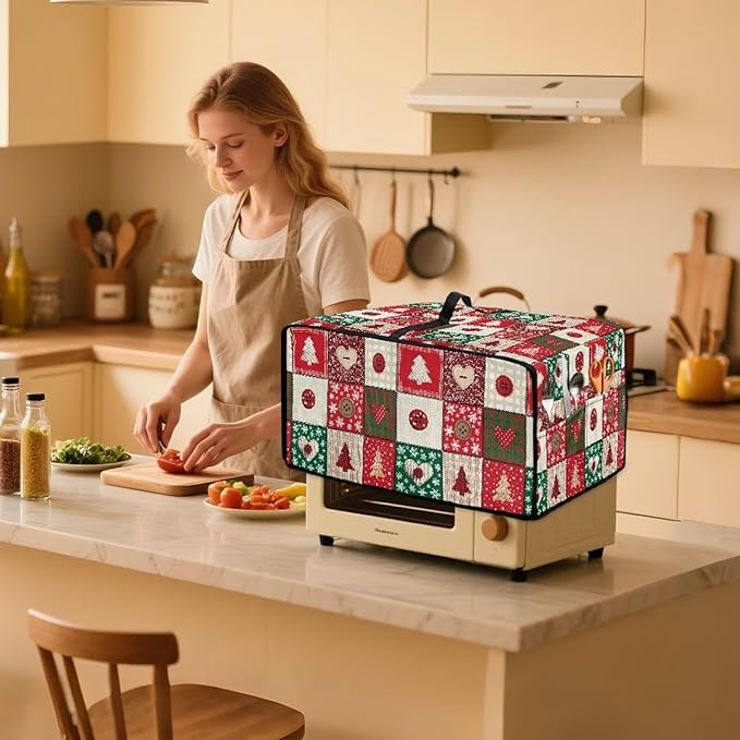 Christmas Holiday Decor Toaster Oven Cover Countertop Convection Oven Cover Smart Microwave Oven Accessories and Decor, S, 14.5 x 18.5 x 9 Inches, Christmas Patchwork Print Red Green
