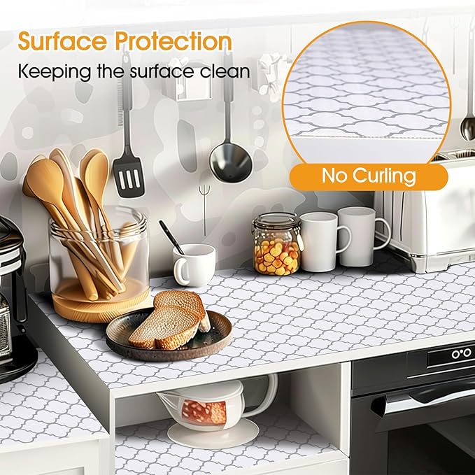Shelf and Drawer Liner for Kitchen Cabinets Non-Adhesive, Strong Grip Non-Slip Thickened Cabinet Liners for Shelves, Waterproof Mats for Dresser Cupboard, White/Gray, 12 in x 30 Feet