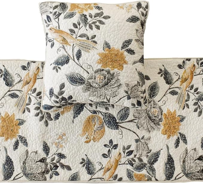The HomeCentric King/Queen/Twin Blue & Ivory Decorative CA King 86"x18" Bed Runner with Pillow Cover, Bird, Pearl & Quilted Bed Scarf on Linen Fabric - Vintage Birdena