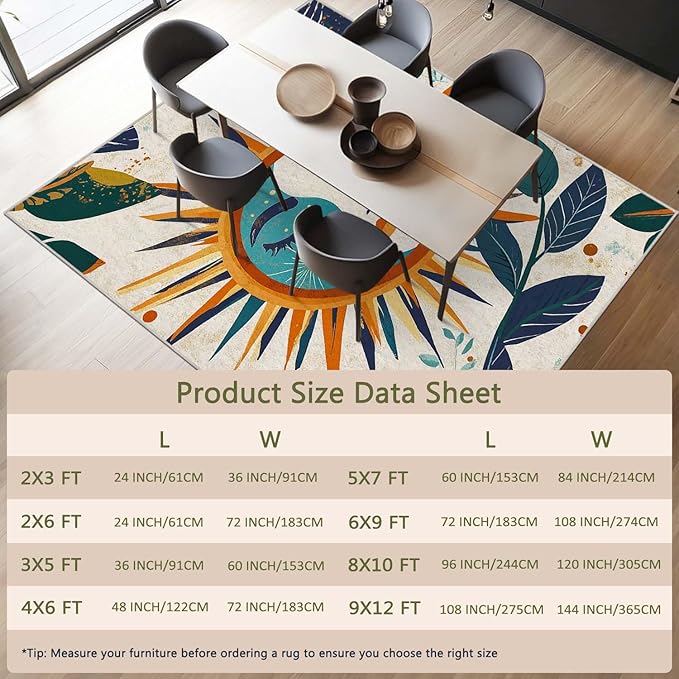 5x7 Sun and Moon Area Rug Leaf Orange Yellow Blue Beige Rug Non Slip Low Pile Large Carpet for Home Kitchen Living Room Bedroom Dining Room Office
