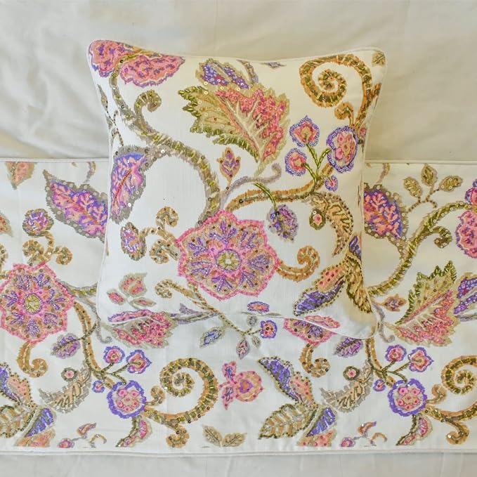 The HomeCentric King/Queen/Twin White & Pink Designer CA King 86"x18" Bed Runner with 2 Pillow Cover, Floral, Printed, Sequins, Beaded, Embroidery & Handmade Bed Scarf on Cotton Fabric - Aster