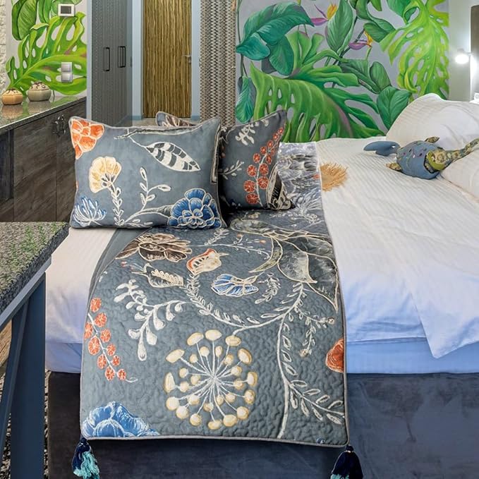 The HomeCentric Blue Bed Runner Without Pillow Cover, King Size 90"x18" Decorative Bed Runner, Blue Linen Bed Scarf in Quilted Peacock, Linen & Jute Embroidery - Peacock Willow