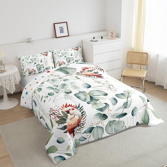 Erosebridal Cartoon Animal Toddler Size Comforter Set for Kids Toddler Kawaii Parrot Bedding Set, Wild Bird Down Comforter Cute Wildlife Bed Set, Botanical Green Eucalyptus Quilted Duvet