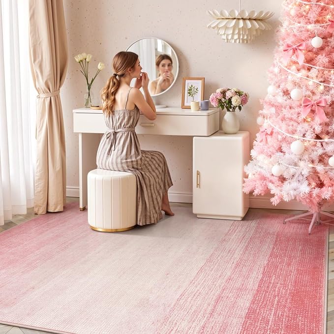 Wonnitar Washable Pink Rug 6x9, Modern Ombre Large Area Rugs for Girls Bedroom, Non-Slip Soft Nursery Kids Room Rug, Contemporary Thin Throw Carpet for Dorm Living Room Decor (Pink, 6'x9')