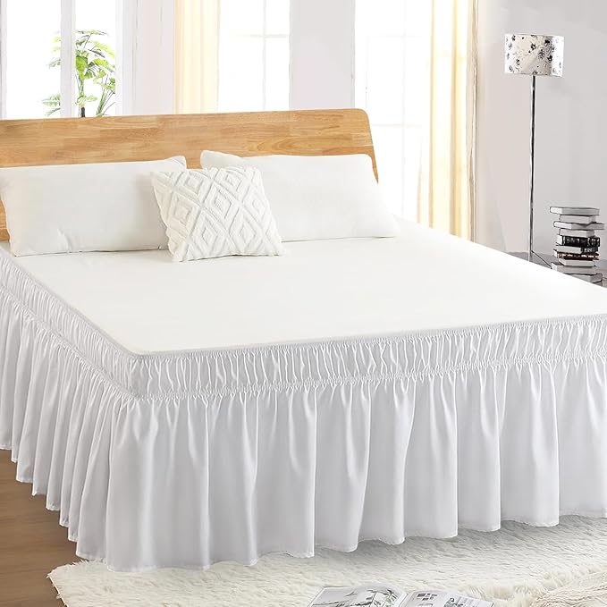 Queen Bed Skirt, Elastic Wrap Around Bed Skirt Queen Size, Bed Skirts for Adjustable Bed, Easy Fit with 18" Drop Length Tailored Drop Dust Ruffle (White)