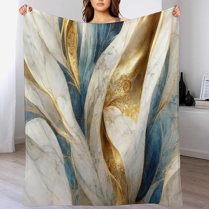 Abstract Marble Blanket, Modern Luxury Baroque Golden Blue White Stone Veins Pattern Soft Warm Cozy Plush Flannel Covers for Livingroom Bedroom Couch Chair Camping Travel Home Decor Tapestry 60x80in