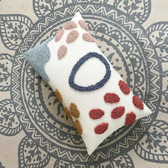 Boho Abstract Tufted Lumbar Pillow Cover 12x 20, Rain Cloud Cottagecore Decor Linen Pillow Cushion Case, Neutral Accent Modern Farmhouse Home Decor Blue Pink