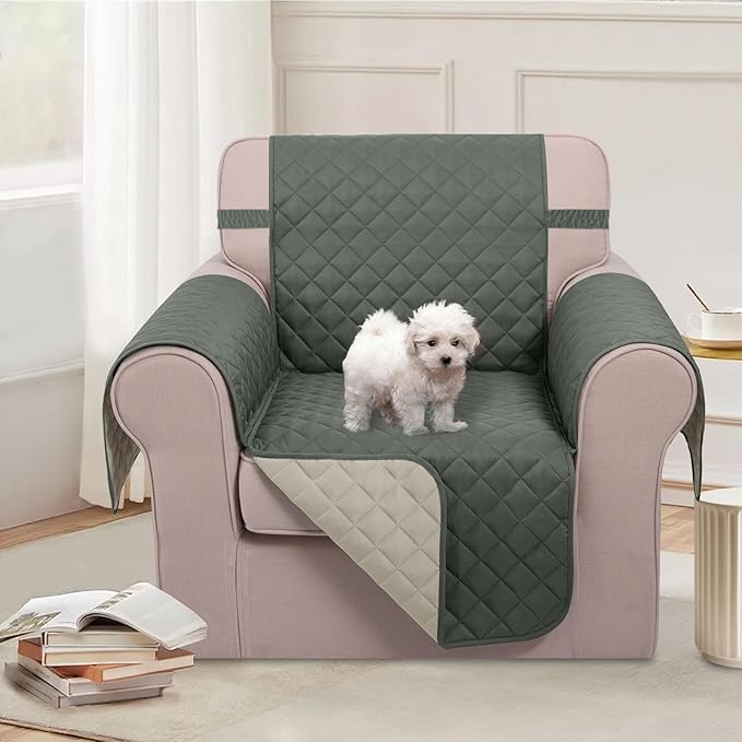 U-NICE HOME Recliner Chair Covers Reversible Chair Cover Pet Covers for Dogs with Elastic Straps Water Resistant Diamond Quilted (23''Recliner Small, Grey/Beige)